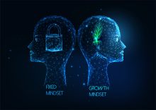 Growth mindset VS Fixed mindset concept with low poly human heads with plant and lock Growth Mindset